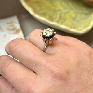 Vintage Silver Tone Flower Bud White Stones Ring